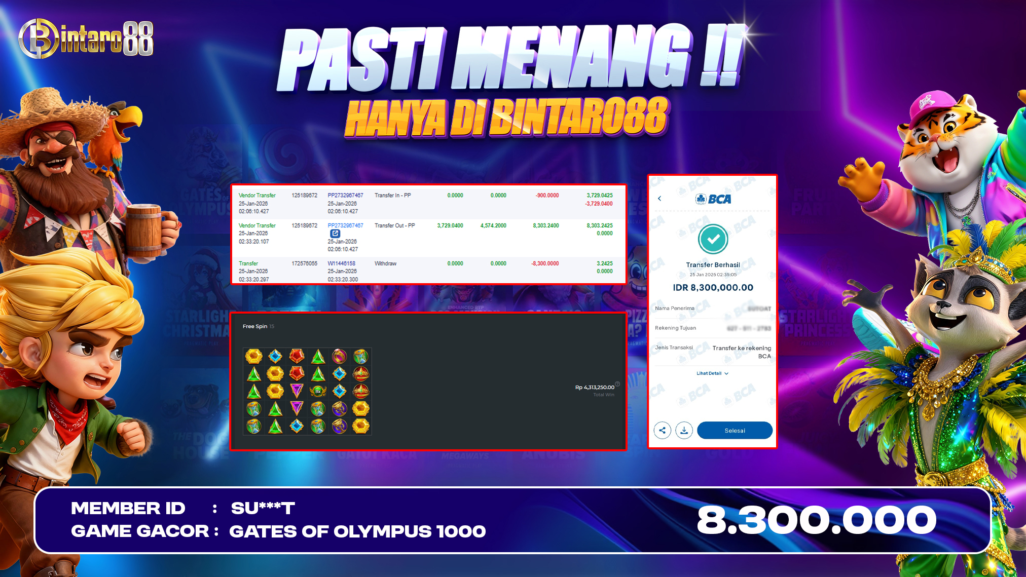BINTARO88 [25 JANUARI 2026] : BUKTI RESMI PEMBAYARAN KEMENANGAN SLOT : GATES OF OLYMPUS 1000 (PP) Rp 8.300.000,- LUNAS
