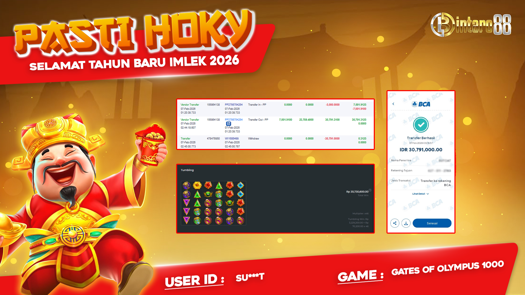 BINTARO88 [07 FEBRUARI 2025] : BUKTI RESMI PEMBAYARAN KEMENANGAN SLOT : GATES OF OLYMPUS 1000 (PP) Rp 30.791.000,- LUNAS