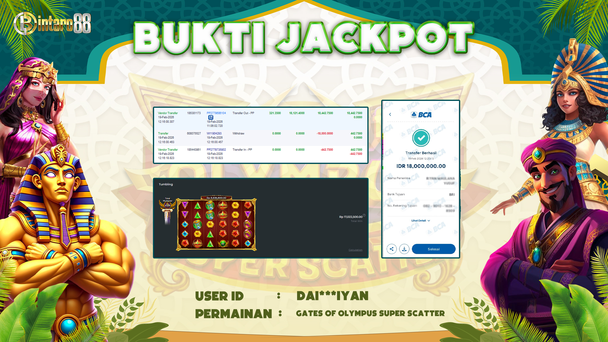 BINTARO88 [19 FEBRUARI 2026] : BUKTI RESMI PEMBAYARAN KEMENANGAN SLOT : GATES OF OLYMPUS SUPER SCATTER (PP) Rp 18.000.000,- LUNAS