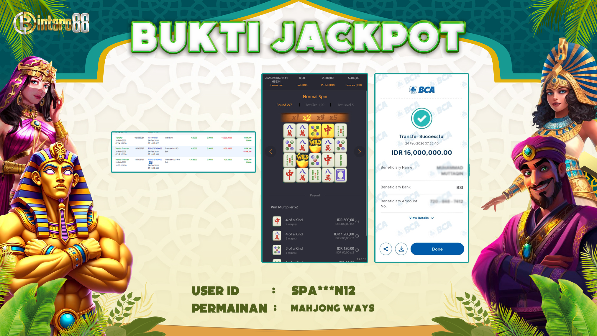 BINTARO88 [24 FEBRUARI 2026] : BUKTI RESMI PEMBAYARAN KEMENANGAN SLOT : MAHJONG WAYS (PGSOFT) Rp 15.000.000,- LUNAS