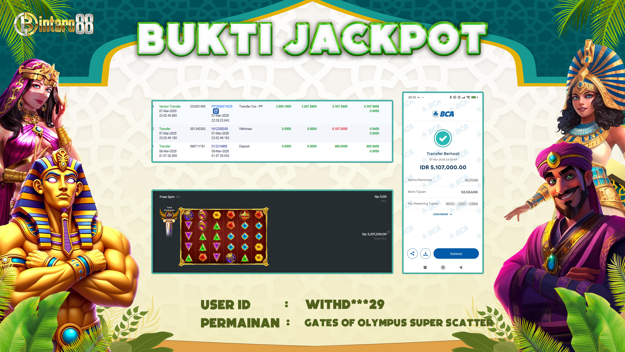 BINTARO88 [08 MARET 2026] : BUKTI RESMI PEMBAYARAN KEMENANGAN SLOT : GATES OF OLYMPUS SUPER SCATTER (PP) Rp 5.107.000,- LUNAS
