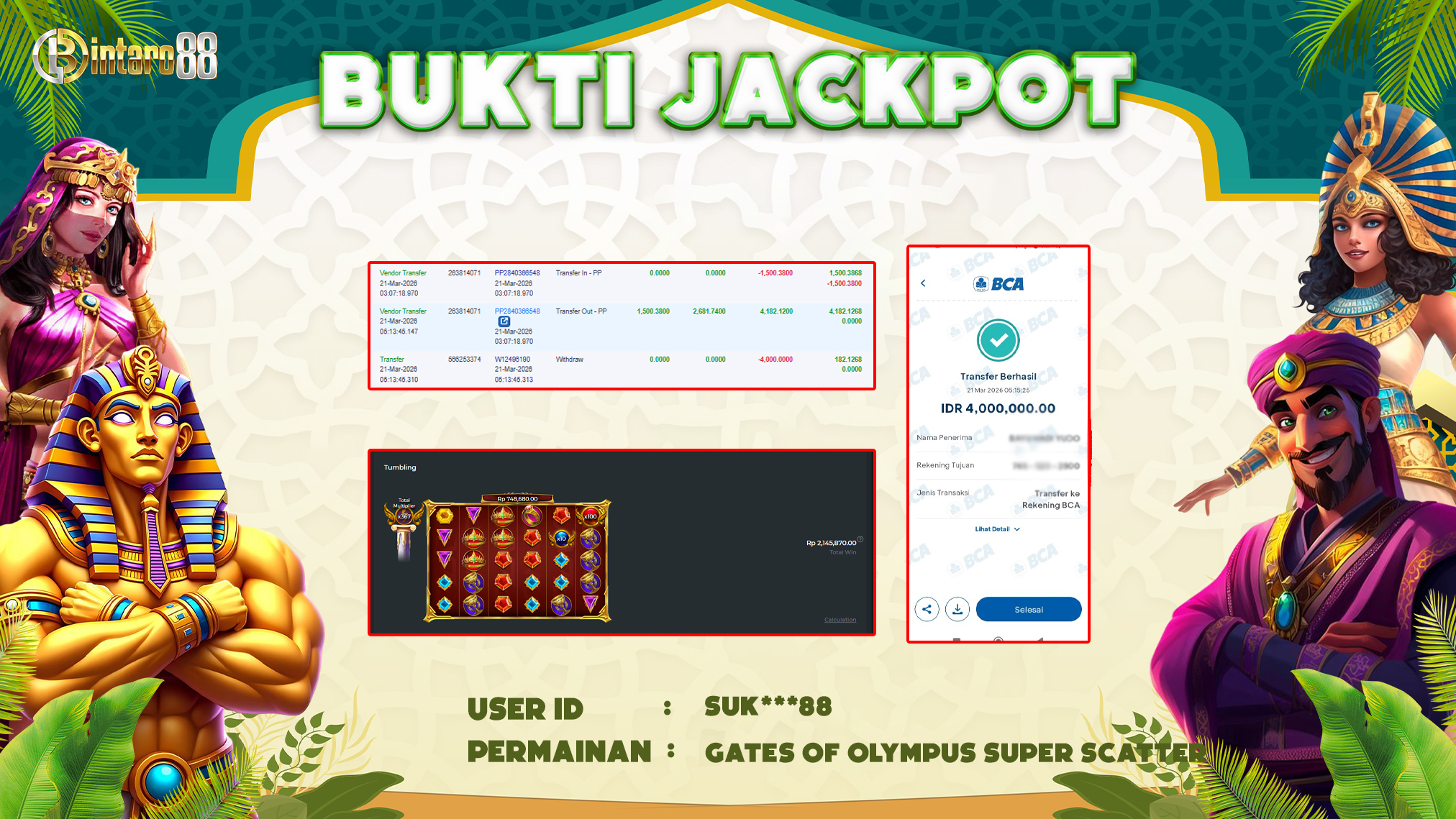 BINTARO88 [21 MARET 2026] : BUKTI RESMI PEMBAYARAN KEMENANGAN SLOT : GATES OF OLYMPUS SUPER SCATTER (PP) Rp 4.000.000,- LUNAS