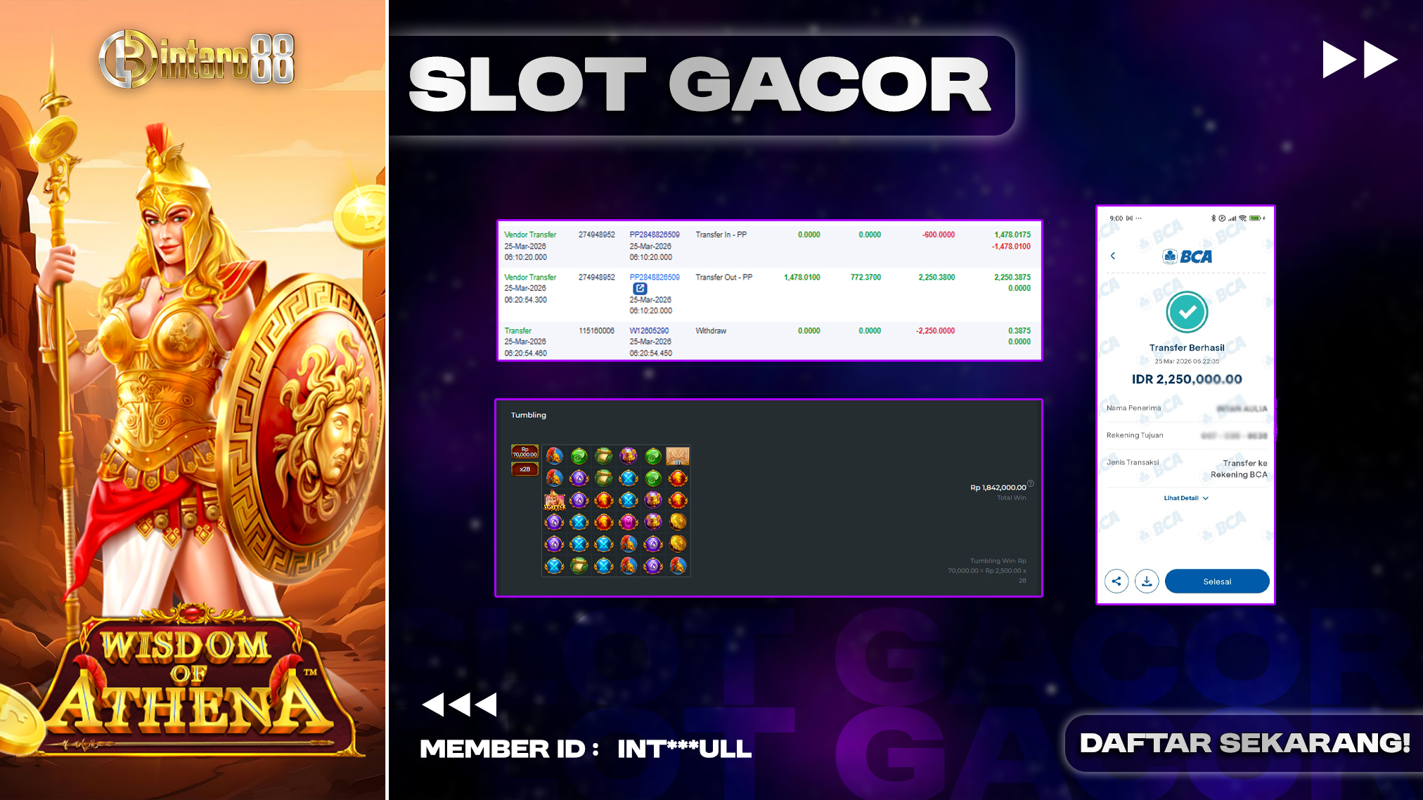 BINTARO88 [25 MARET 2026] : BUKTI RESMI PEMBAYARAN KEMENANGAN SLOT : WISDOM OF ATHENA (PP) Rp 2.250.000,- LUNAS