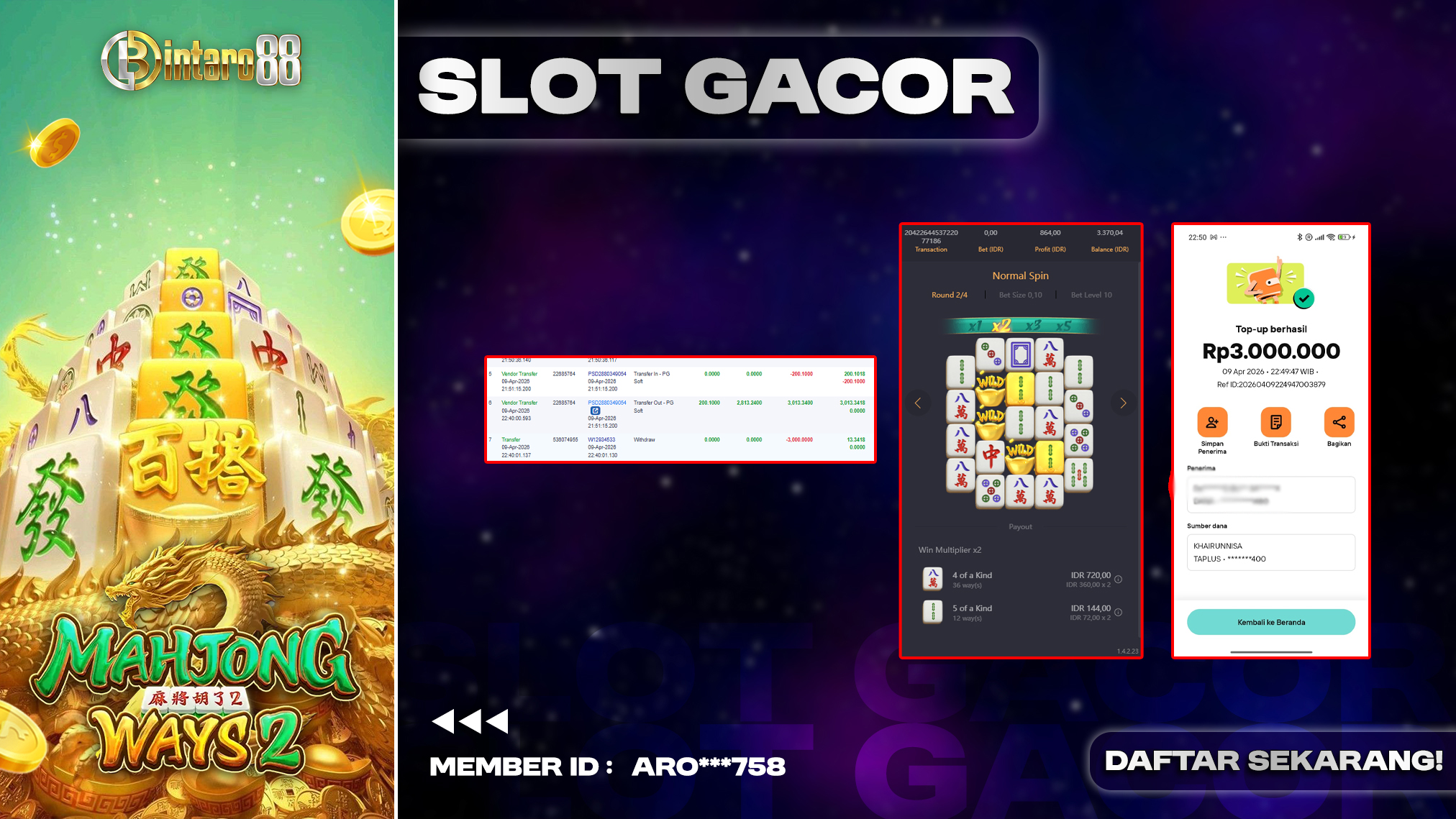 BINTARO88 [10 APRIL 2026] : BUKTI RESMI PEMBAYARAN KEMENANGAN SLOT : MAHJONG WAYS 2 (PGSOFT) Rp 3.000.000,- LUNAS