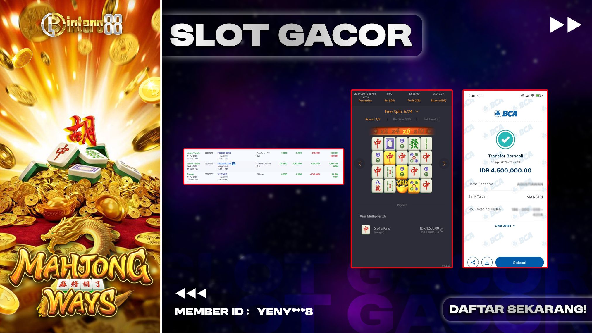 BINTARO88 [15 APRIL 2026] : BUKTI RESMI PEMBAYARAN KEMENANGAN SLOT : MAHJONG WAYS (PGSOFT) Rp 4.500.000,- LUNAS