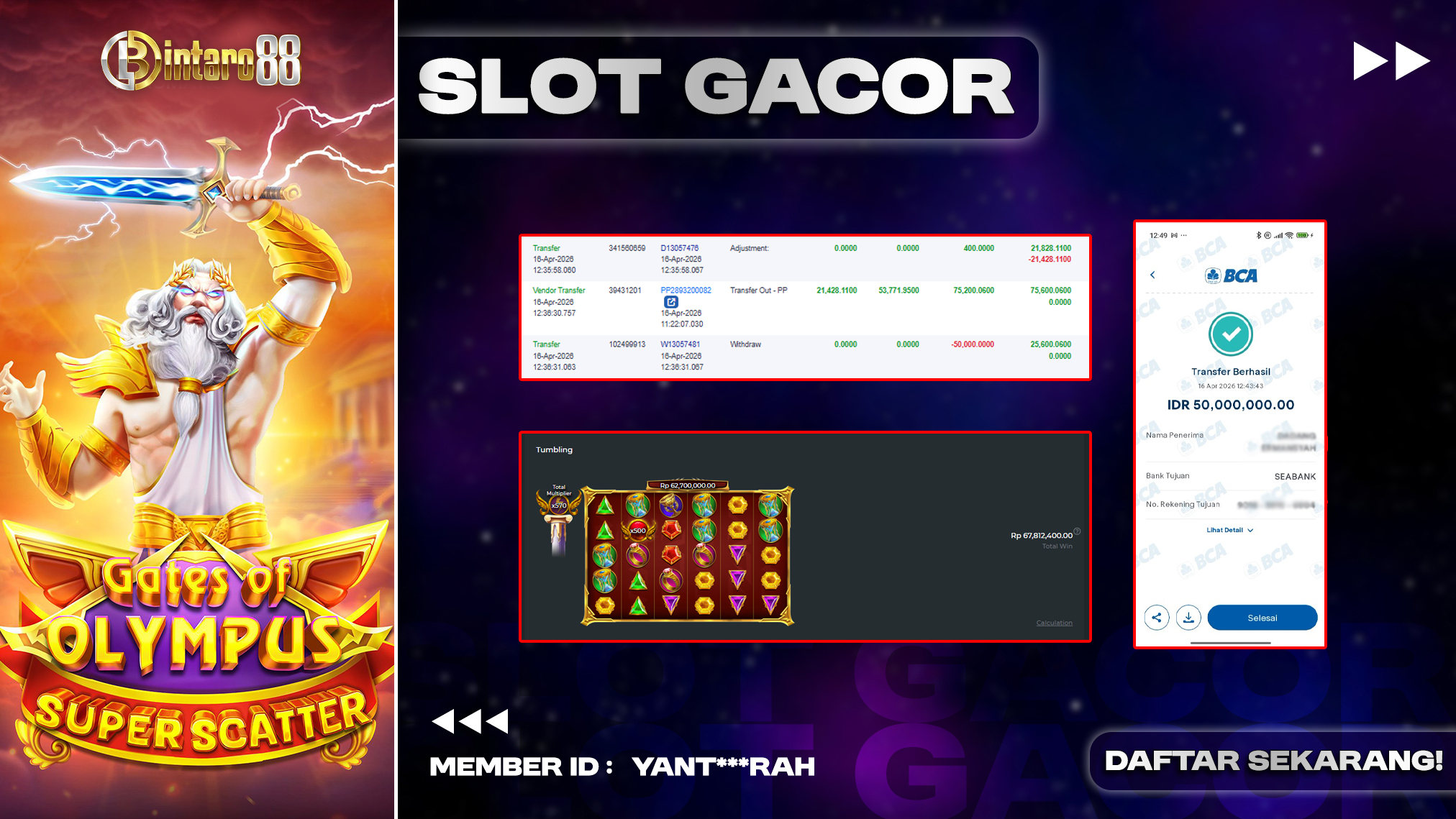BINTARO88 [16 APRIL 2026] : BUKTI RESMI PEMBAYARAN KEMENANGAN SLOT : GATES OF OLYMPUS SUPER SCATTER (PP) Rp 50.000.000,- LUNAS