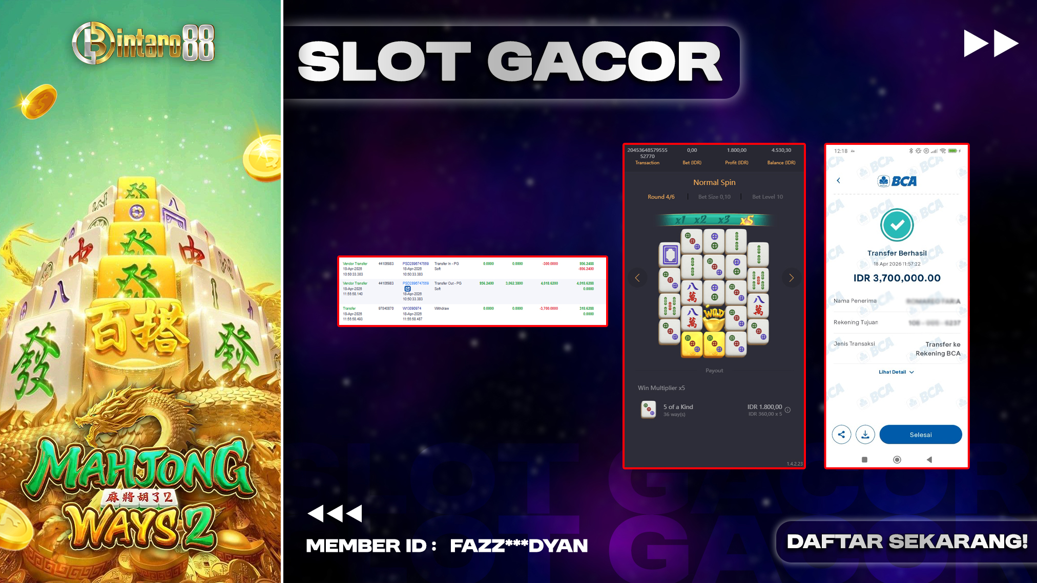 BINTARO88 [18 APRIL 2026] : BUKTI RESMI PEMBAYARAN KEMENANGAN SLOT : MAHJONG WAYS 2 (PGSOFT) Rp 3.700.000,- LUNAS