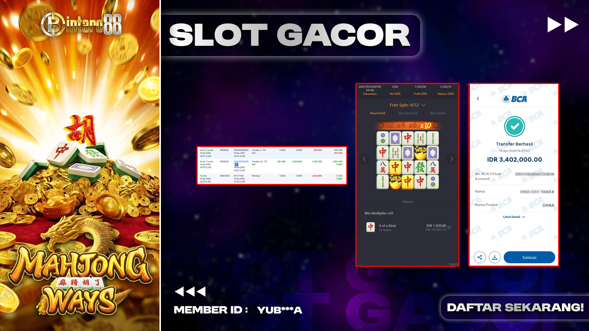 BINTARO88 [19 APRIL 2026] : BUKTI RESMI PEMBAYARAN KEMENANGAN SLOT : MAHJONG WAYS (PGSOFT) Rp 3.402.000,- LUNAS