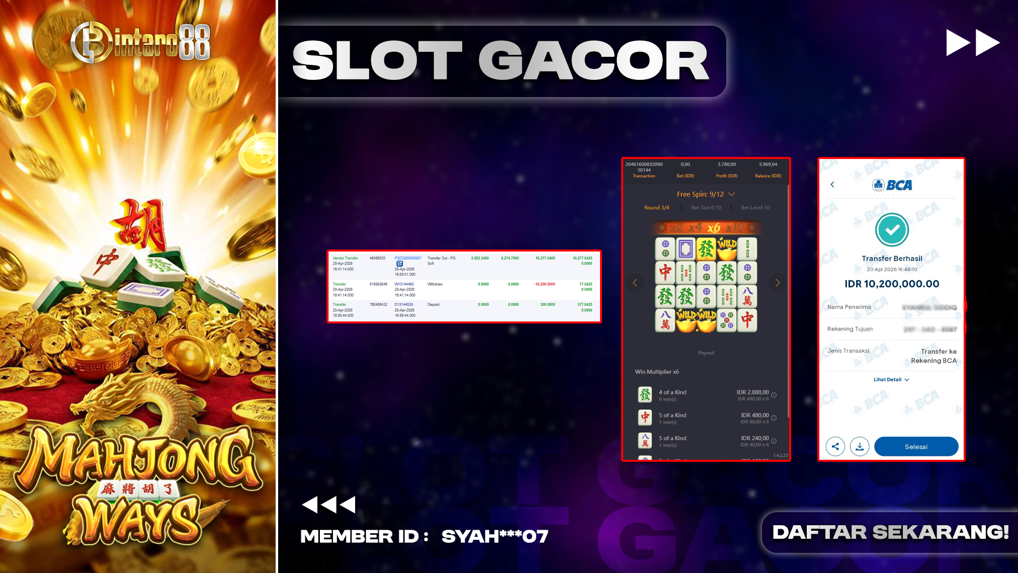 BINTARO88 [20 APRIL 2026] : BUKTI RESMI PEMBAYARAN KEMENANGAN SLOT : MAHJONG WAYS (PGSOFT) Rp 10.200.000,- LUNAS