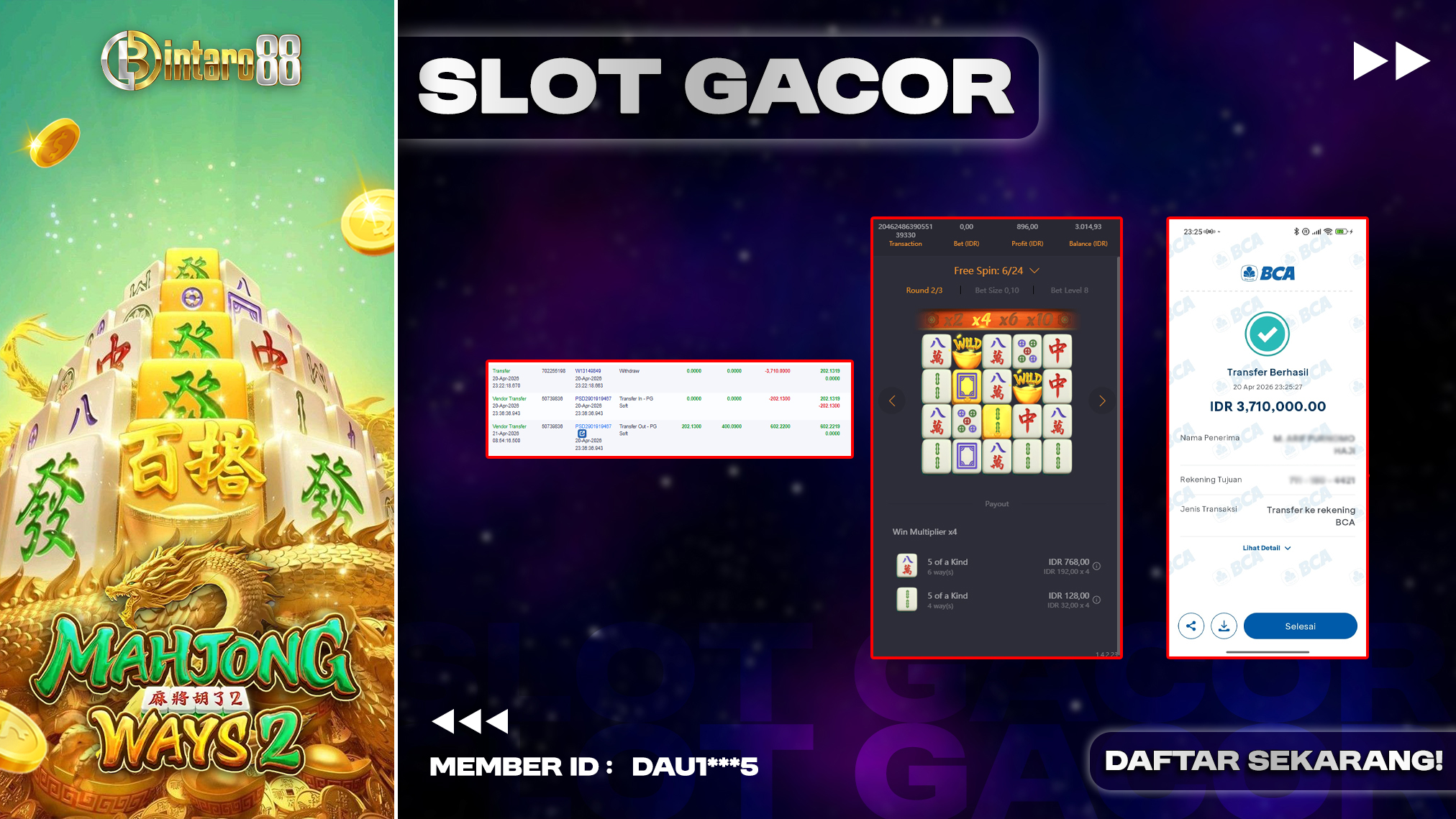 BINTARO88 [21 APRIL 2026] : BUKTI RESMI PEMBAYARAN KEMENANGAN SLOT : MAHJONG WAYS 2 (PGSOFT) Rp 3.710.000,- LUNAS