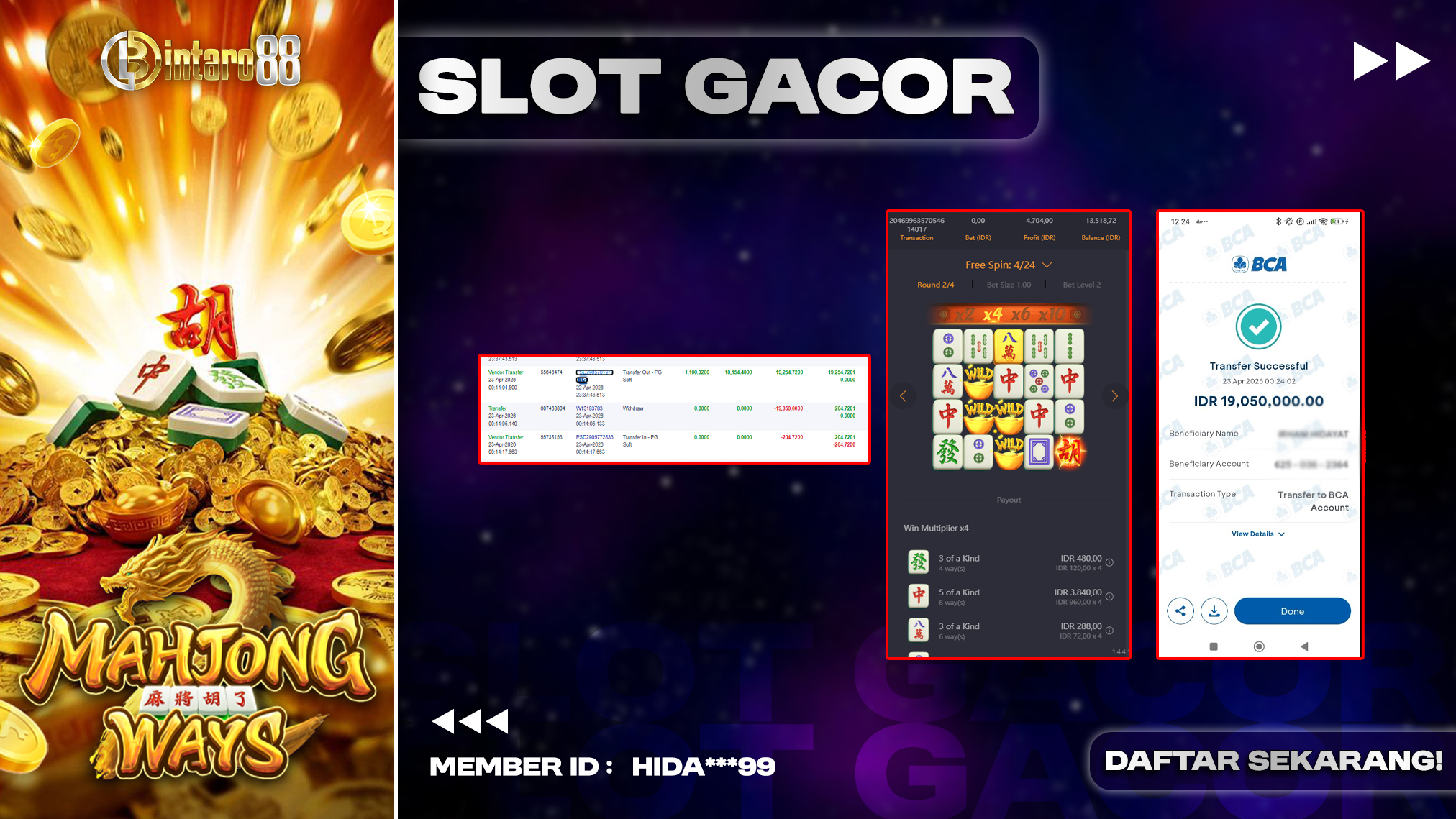 BINTARO88 [23 APRIL 2026] : BUKTI RESMI PEMBAYARAN KEMENANGAN SLOT : MAHJONG WAYS (PGSOFT) Rp 19.050.000,- LUNAS