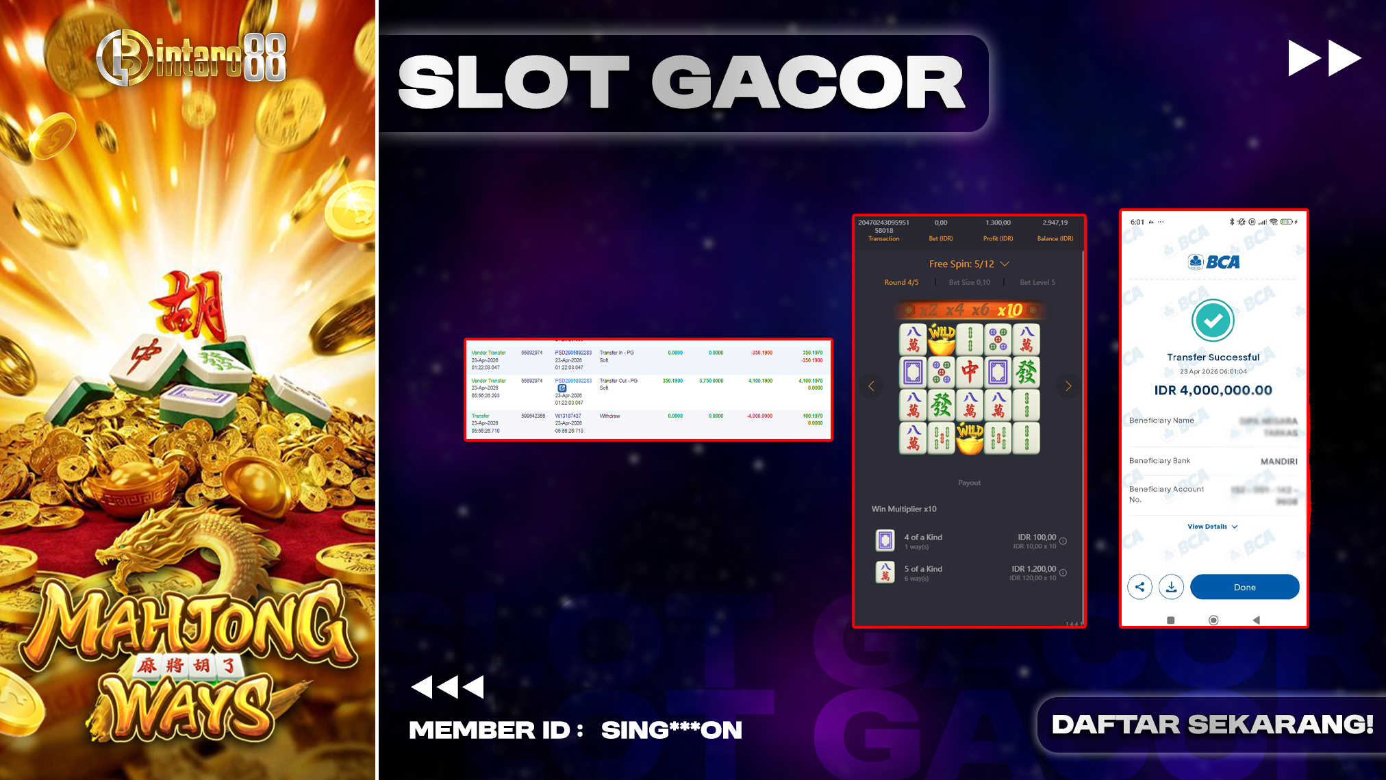 BINTARO88 [23 APRIL 2026] : BUKTI RESMI PEMBAYARAN KEMENANGAN SLOT : MAHJONG WAYS (PGSOFT) Rp 4.000.000,- LUNAS