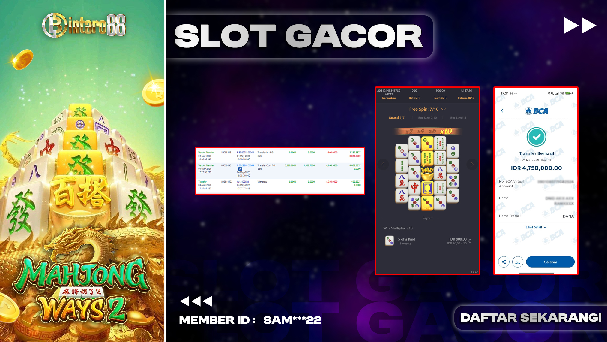 BINTARO88 [04 MEI 2026] : BUKTI RESMI PEMBAYARAN KEMENANGAN SLOT : MAHJONG WAYS 2 (PGSOFT) Rp 4.750.000,- LUNAS