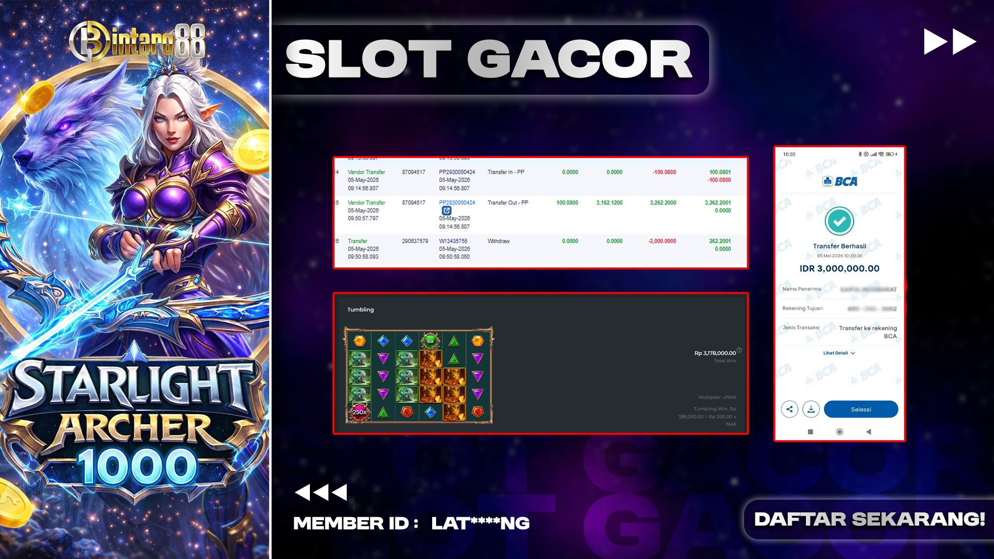 BINTARO88 [05 MEI 2026] : BUKTI RESMI PEMBAYARAN KEMENANGAN SLOT : STARLIGHT ARCHER 1000  (PP) Rp 3.000.000,- LUNAS