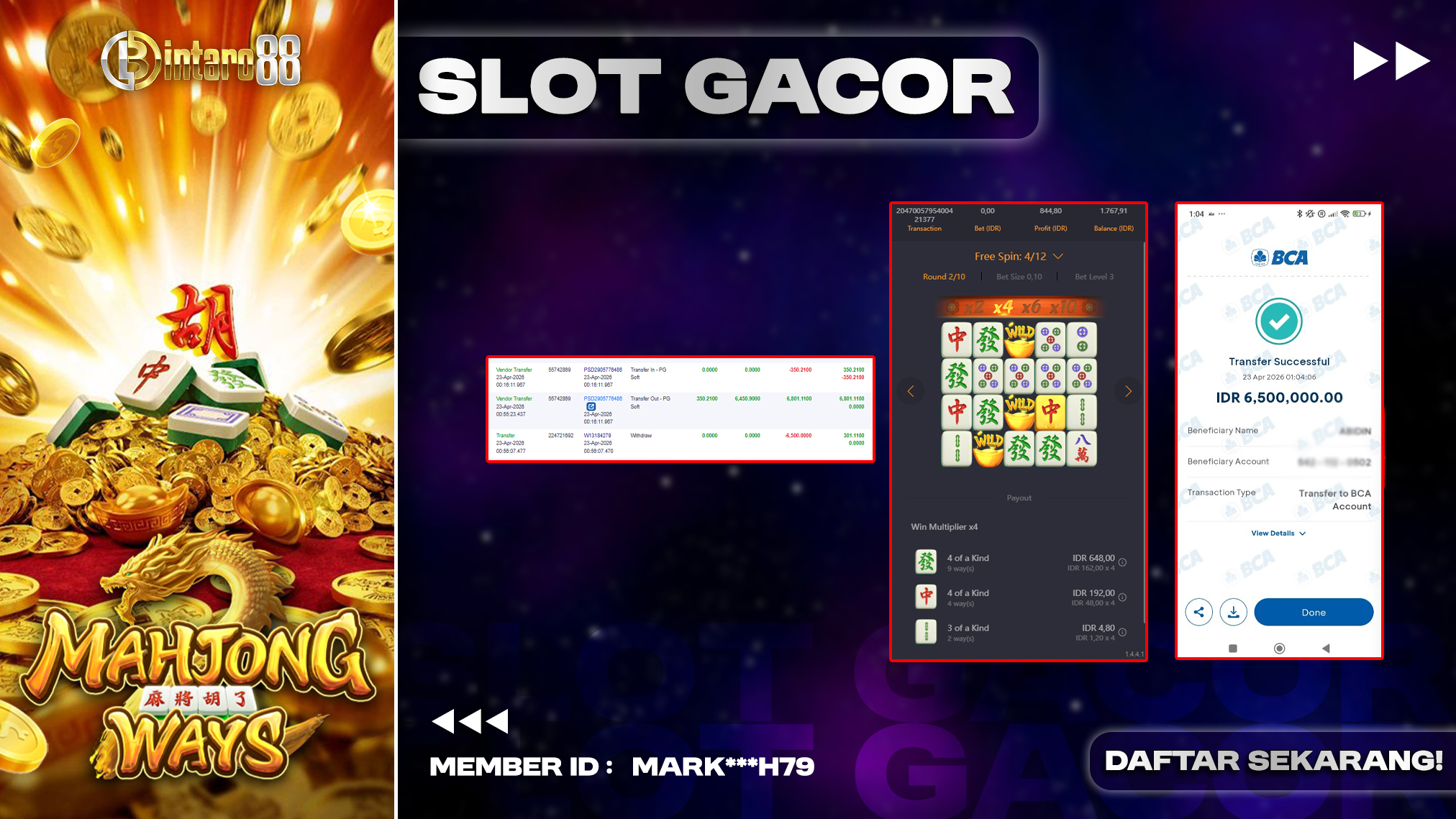 BINTARO88 [23 APRIL 2026] : BUKTI RESMI PEMBAYARAN KEMENANGAN SLOT : MAHJONG WAYS (PGSOFT) Rp 6.500.000,- LUNAS
